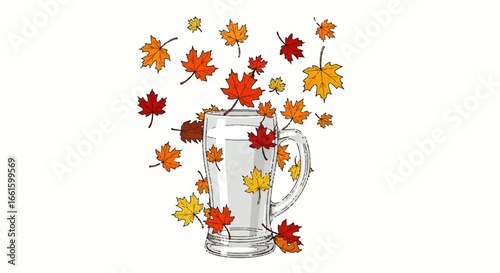Transparent Beer Mug with Autumn Leaves Falling Around It