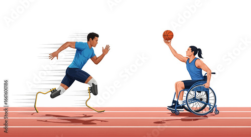 Inspiring adaptive athletes, a runner with prosthetic legs and a wheelchair basketball player, showcasing strength and diversity in sports.