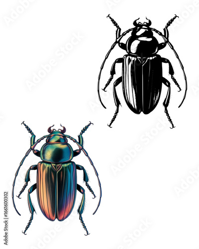 Stunning iridescent beetle illustration detailed insect graphic with contrasting black and white version