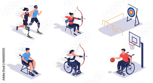 Set of isometric illustrations showing disabled athletes in adaptive sports. Paralympic concept with wheelchair basketball, archery and running.