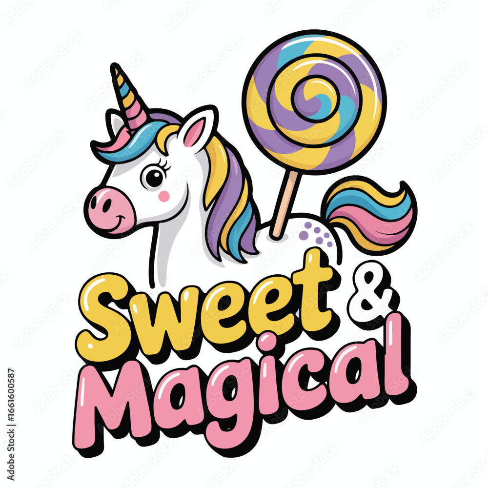 Naklejka premium Cartoon unicorn with lollipop and the words sweet and magical below it t-shirt design