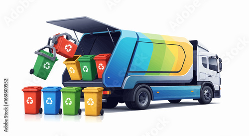 Eco-Friendly Waste Management Colorful Bins and a Modern Garbage Truck in Action. Recycling Hub.