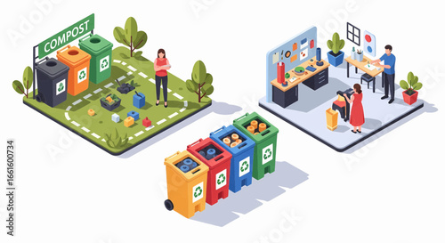 Recycling and Waste Management An Isometric Illustration of Environmental Responsibility. Recycling Hub.