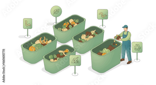 Sustainable composting process concept with a worker sorting organic food waste into bins for recycling and soil enrichment illustration. Recycling Hub.