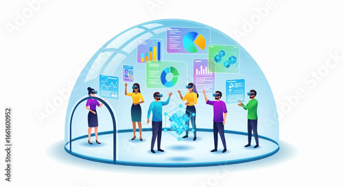 Business team collaborating in a virtual reality workspace. A futuristic technology concept for data visualization and metaverse teamwork. Metaverse Meeting. 