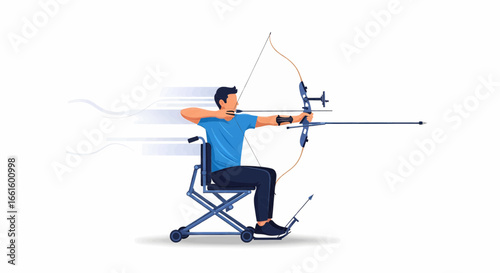 Archery Athlete in Wheelchair Achieving Precision and Focus in Adaptive Sports, Paralympics. 