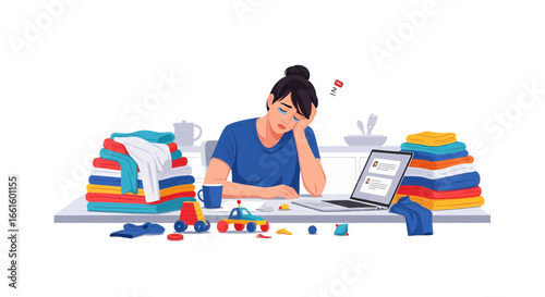 Overwhelmed Woman Working from Home Surrounded by Clutter and Laundry. Parent Burnout. 