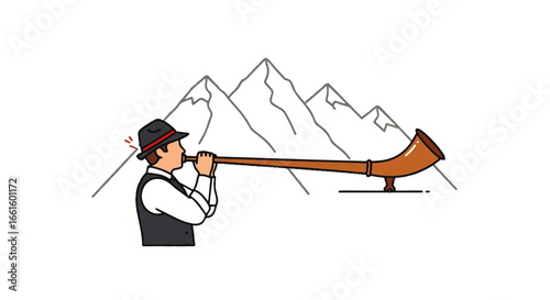 Swiss Alphorn Player in Traditional Attire, Blowing Horn, Vector Illustration