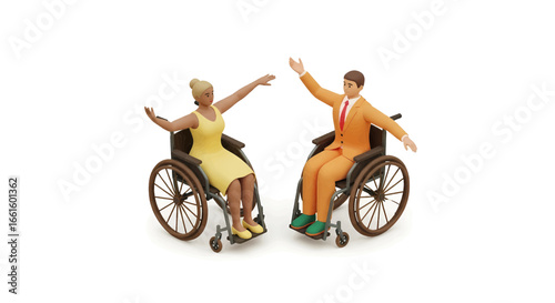 A joyful man and woman in wheelchairs dancing together. A concept of inclusivity, positive lifestyle, and accessibility for people with disabilities.