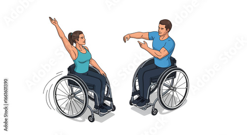 Wheelchair Athletes Exercising Together Fitness and Wellness Illustration. Adaptive athlete.