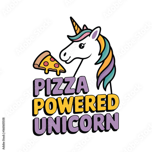 Cartoon illustration of a pizza slice with a magical horned pony art t-shirt design