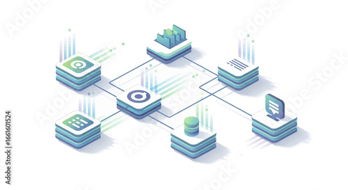 Isometric concept of a decentralized network showing interconnected data processing, storage, and analytics nodes on a futuristic platform. Web3.
