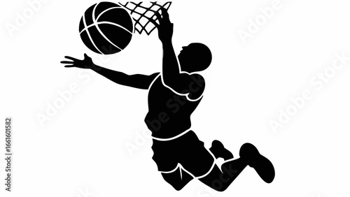 Silhouette of a basketball player dunking the ball into the net with outstretched arm and legs in black