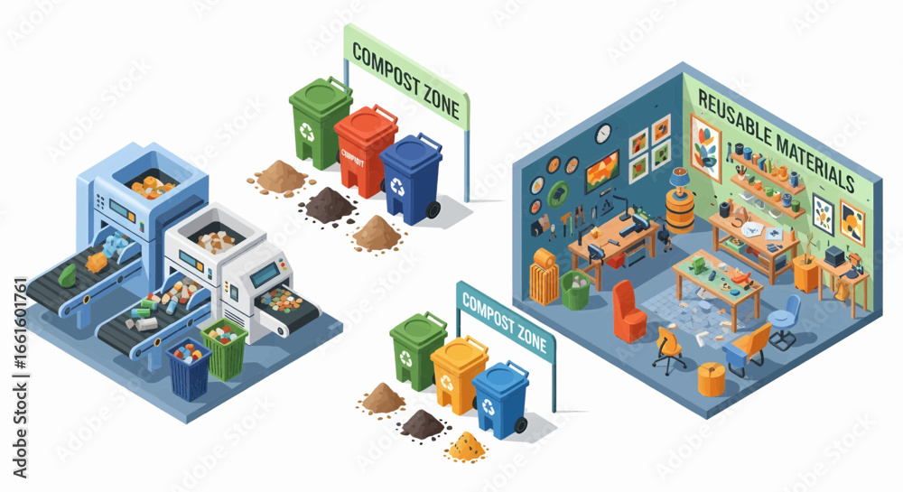 Naklejka premium Waste Recycling Process Isometric Illustration of Sorting, Compacting, and Reusing Materials. Recycling Hub.