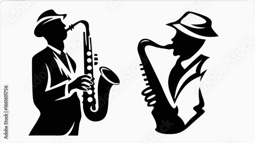 Silhouette illustration of two jazz musicians playing saxophone in black and white style design art