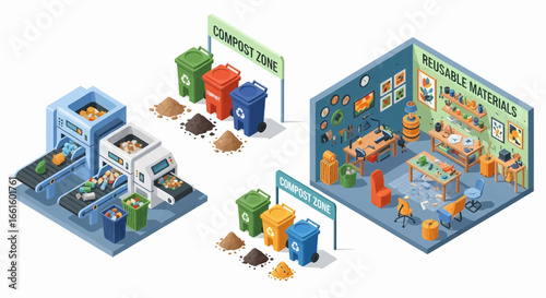 Waste Recycling Process Isometric Illustration of Sorting, Compacting, and Reusing Materials. Recycling Hub.