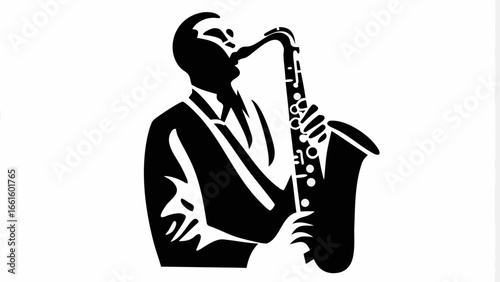 Silhouette of a musician playing a saxophone in black and white with a suit and tie visible clearly