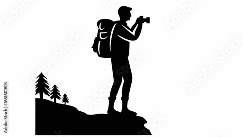 Silhouette of a hiker with a backpack looking through binoculars on a mountain top with trees around him