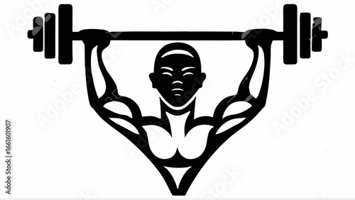 Illustration of a muscular figure lifting a barbell overhead in a stylized black and white design style silhouette