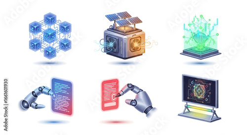 Future-Forward Technology Icon Set Visualizing Blockchain Networks, Artificial Intelligence, Robotic Interaction, and Advanced Data Computing Concepts for Digital Innovation. Web3. 