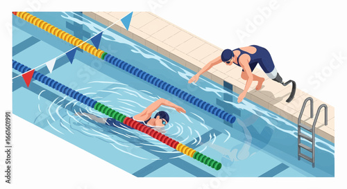 Adaptive athlete with prosthetic leg at a swimming competition. Isometric vector illustration showing inclusion in sports. 