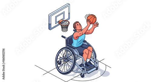 Wheelchair basketball player shooting a hoop. Vector illustration concept for parasports, disability athletics, and inclusion. Adaptive athlete.