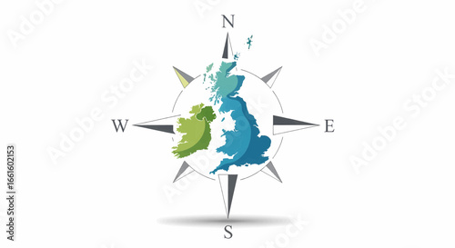 Compass Rose Map of the United Kingdom and Ireland, Illustrating Geographic Directions and Cartography Concepts
