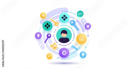 Digital Identity and Data Security in a Decentralized Web3 Ecosystem. Abstract concept of a user surrounded by cryptographic keys, non-fungible assets, and protection symbols.