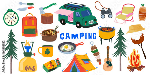 Camping stickers collection in retro cartoon style. Tent, barbecue, campfire, compass, outdoor food. Nature outdoor adventure. Trekking, travel, tourism concept. Vector illustration