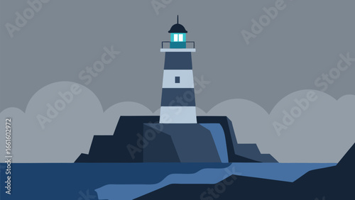 Stylized lighthouse on rocky island at dusk vector illustration scalable eps graphic