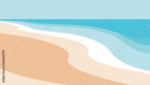 Stylized peaceful empty beach scene vector illustration serene ocean waves and sandy shoreline