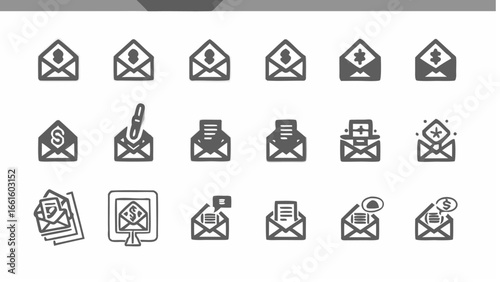 Collection of various email icons showing money pen document and other symbols in a simple design style