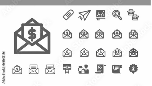 Illustration of various financial and business related icons in a grayscale color scheme design layout