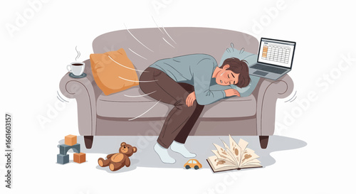 Lazy Afternoon Nap Cozy Home Scene with Man Sleeping on Couch. Parent Burnout. 