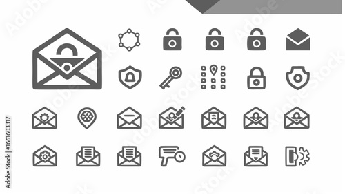 Collection of security and communication icons including envelopes locks and shields in gray scale