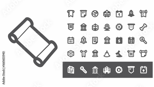 Illustration showing a scroll and various icons including buildings calendars and other miscellaneous symbols