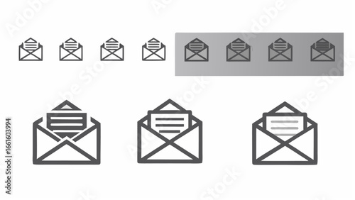 Illustration showing multiple open envelope icons with letters inside displayed in a row and group