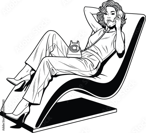 Vintage Woman on Phone Lounging in Modern Chair – Retro Call Pin‑Up Vector