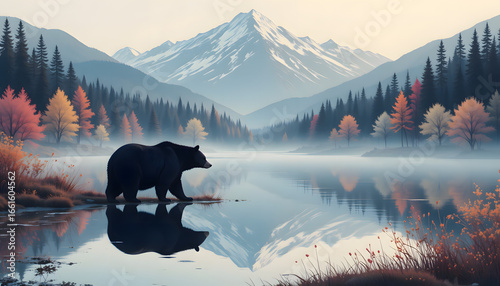 Black Bear Walking in Calm Lake Reflecting Snowy Mountains