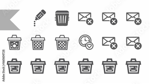 Illustration showing various delete icons including trash cans, emails with x marks and a clock with a heart