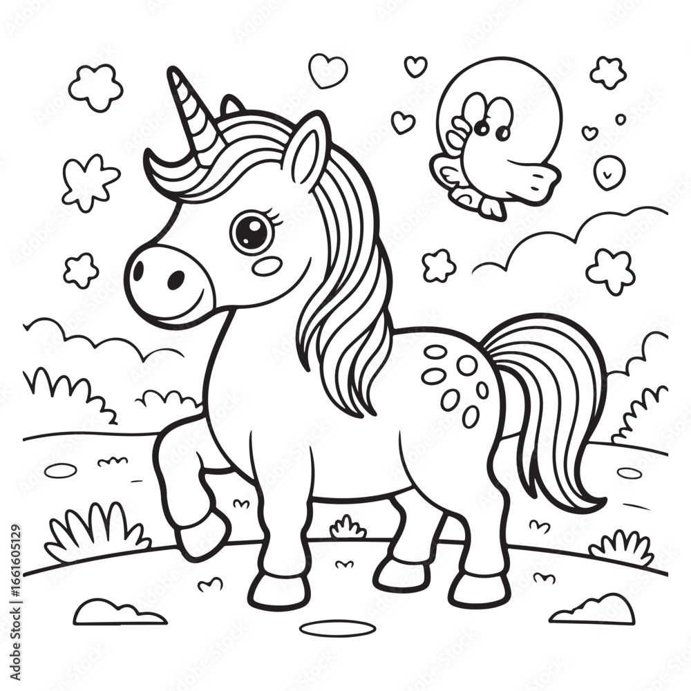 Fototapeta premium Whimsical Unicorn and Cute Clouds - Fun Fantasy Coloring Art for Kids
