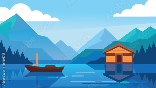 Tranquil lakeside retreat with wooden boat and cabin serene mountain scenery vector illustration