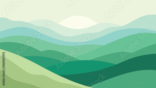 Tranquil green layered hills valley scene vector illustration peaceful nature landscape scalable eps