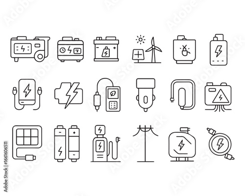 Set of devices you need in case of outage or blackout. Electrical equipment production and keeping energy. Collection of line icons