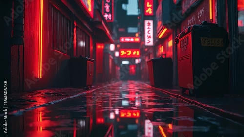 Moody urban alley with glowing red neon signs reflecting on wet pavement in futuristic city street illuminated by vibrant night lights