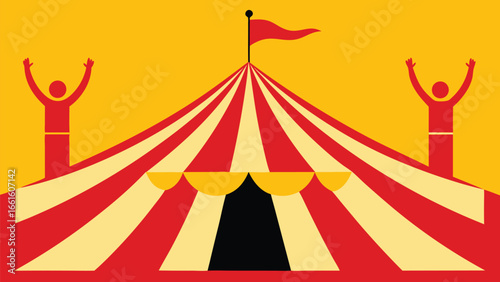 Whimsical circus tent illustration with trapeze artists swirling amidst vibrant colors