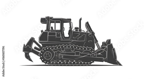 Detailed Black and White Illustration of a Powerful Bulldozer on White Background