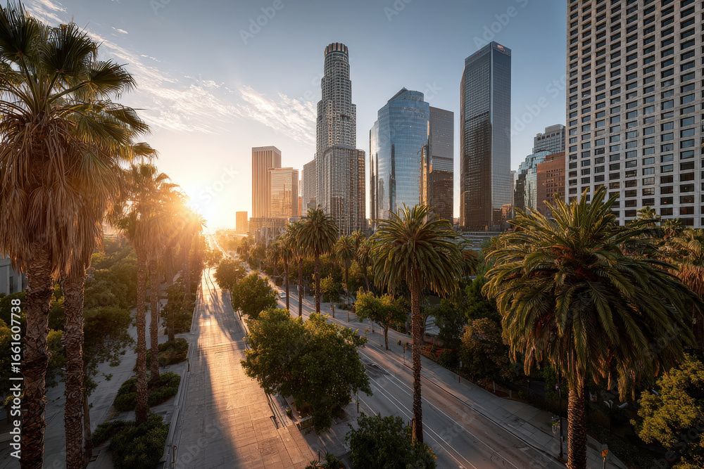 Fototapeta premium breathtaking sunset viewed from bustling urban jungle surrounded by lush greenery and towering skyscrapers
