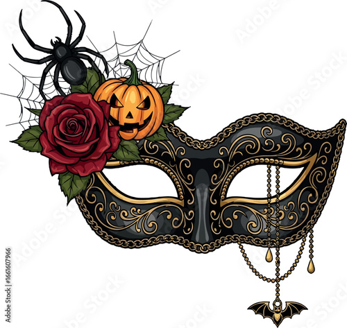 Ornate Venetian Mask A Spooky Halloween Asset Featuring Roses, Pumpkin, and Spider