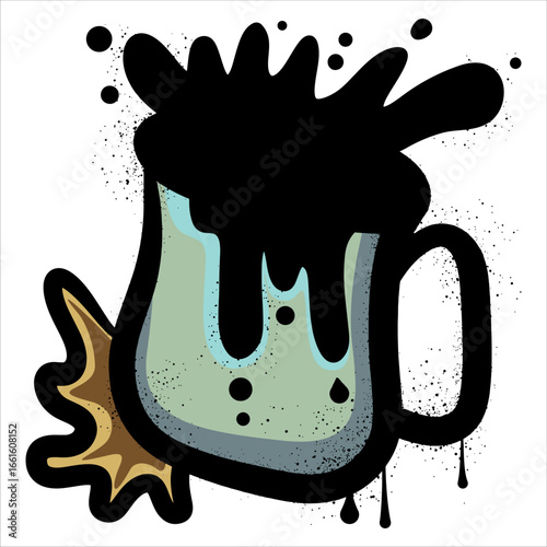 Spilled coffee mug with colorful spray paint graffiti